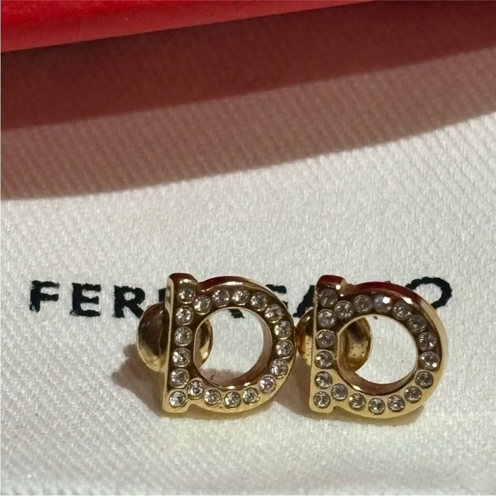 Salvatore Ferragamo Gold Crystal Stud Earrings - Picture 2 of 4